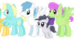 Size: 1280x720 | Tagged: safe, artist:starryoak, lightning bolt, merry may, rumble, sassaflash, sunshower raindrops, white lightning, pegasus, pony, g4, hurricane fluttershy, april showers (rule 63), background pony, bow, female, filly, foal, hair bow, male, male to female, moonshower drizzle, rule 63, sassafras (rule 63), scene interpretation, simple background, stallion, thunder bolt (rule 63), transparent background, tumble