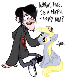 Size: 678x788 | Tagged: safe, artist:tenaflyviper, derpy hooves, human, pegasus, pony, g4, crossover, duo, gravity falls, male, robbie valentino, simple background, smiling, the inconveniencing, transparent background