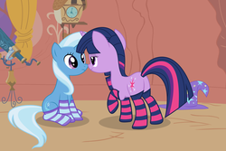Size: 4486x3000 | Tagged: safe, artist:alexiy777, trixie, twilight sparkle, pony, unicorn, g4, bedroom eyes, butt, clothes, duo, female, golden oaks library, lesbian, library, mare, plot, ship:twixie, shipping, show accurate, sitting, socks, striped socks, unicorn twilight, vector