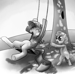 Size: 1200x1184 | Tagged: safe, artist:blue-von, rarity, sweetie belle, pony, g4, color me, duo, duo female, female, missing horn, monochrome, open mouth, sisters, swing