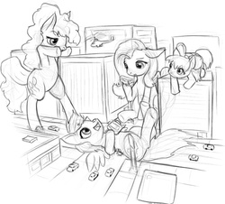 Size: 720x650 | Tagged: safe, artist:alloyrabbit, apple bloom, fluttershy, pinkie pie, rainbow dash, earth pony, pegasus, pony, g4, bipedal, city, female, giant pony, giantess, giantshy, grayscale, lying down, macro, mare, monochrome, on back