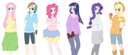 Size: 2000x863 | Tagged: dead source, safe, artist:kumkrum, applejack, fluttershy, pinkie pie, rainbow dash, rarity, twilight sparkle, human, g4, apple, book, clothes, humanized, obligatory apple, skirt