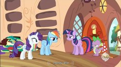 Size: 855x480 | Tagged: safe, screencap, rainbow dash, rarity, spike, twilight sparkle, dragon quest, g4, hub logo, youtube caption