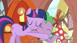 Size: 855x480 | Tagged: safe, screencap, spike, twilight sparkle, dragon quest, g4, hub logo, youtube caption