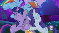 Size: 855x480 | Tagged: safe, screencap, rainbow dash, rarity, spike, twilight sparkle, dragon quest, g4, hub logo, hug, youtube caption