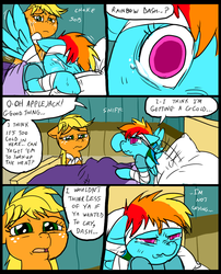 Size: 827x1025 | Tagged: safe, artist:metal-kitty, applejack, rainbow dash, earth pony, pegasus, pony, comic:mlp project, g4, bandage, bed, blind, blind rainbow dash, comic, crying, female, mare