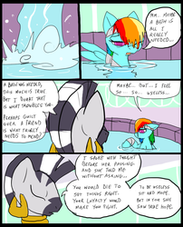 Size: 827x1025 | Tagged: safe, artist:metal-kitty, rainbow dash, zecora, pegasus, pony, zebra, comic:mlp project, g4, bandage, bath, blind, blind rainbow dash, comic, female, mare