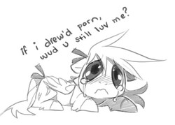 Size: 560x400 | Tagged: safe, artist:kilo, oc, oc only, pegasus, pony, crying, female, fourth wall, implied porn, lying down, meta, monochrome, prone, sad, sad face, solo, text