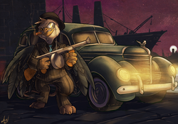 Size: 1000x700 | Tagged: safe, artist:atryl, oc, oc only, griffon, car, drum magazine, greyson, gun, submachinegun, tommy gun