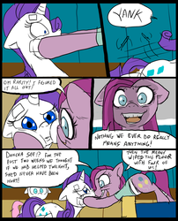 Size: 827x1025 | Tagged: safe, artist:metal-kitty, nurse redheart, pinkie pie, rarity, earth pony, pony, unicorn, comic:mlp project, g4, bandage, cheek squish, comic, female, mare, squishy cheeks