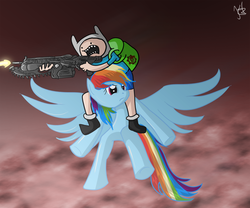 Size: 1440x1200 | Tagged: safe, artist:kenzomg, rainbow dash, human, pony, g4, adventure time, crossover, finn the human, gun, male