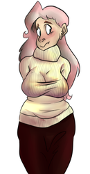 Size: 630x1211 | Tagged: safe, artist:cotta, fluttershy, human, g4, breasts, busty fluttershy, clothes, female, humanized, simple background, solo, sweater, sweatershy, white background