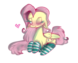 Size: 926x744 | Tagged: safe, artist:cotta, fluttershy, pony, g4, blushing, clothes, female, heart, socks, solo, striped socks