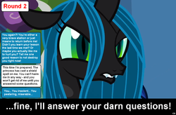 Size: 1024x672 | Tagged: safe, queen chrysalis, changeling, changeling queen, comic:celestia's servant interview, g4, caption, interview, meta