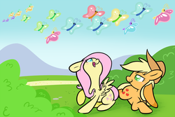 Size: 1600x1068 | Tagged: safe, artist:selective-yellow, applejack, fluttershy, butterfly, earth pony, insect, pegasus, pony, g4, butterfly migration, duo, female, floppy ears, happy, lesbian, looking up, lying down, mare, migration, open mouth, prone, raised hoof, ship:appleshy, shipping, sitting, smiling