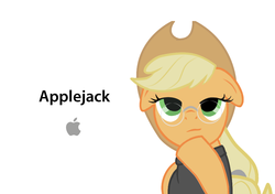 Size: 1000x702 | Tagged: artist needed, source needed, safe, applejack, earth pony, pony, g4, ad parody, apple (company), clothes, female, floppy ears, glasses, hat, hoof on chin, logo, mare, simple background, solo, steve jobs, sweater, turtleneck, white background