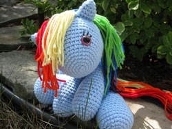 Size: 1824x1368 | Tagged: safe, artist:rtakeshi, rainbow dash, pegasus, pony, g4, amigurumi, crochet, irl, outdoors, photo, plushie, solo