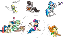 Size: 917x564 | Tagged: safe, artist:scrimpeh, bon bon, carrot top, derpy hooves, dj pon-3, golden harvest, lyra heartstrings, octavia melody, sweetie drops, vinyl scratch, earth pony, human, pegasus, pony, unicorn, g4, adorabon, cute, cutie top, female, humanized, humanized bonbon & pony lyra action, lyrabetes, mare, simple background, sketch dump, tavibetes, transparent background, vinylbetes