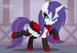 Size: 2752x1914 | Tagged: safe, artist:killryde, rarity, pony, unicorn, g4, alternate hairstyle, bow, clothes, female, loose hair, red and black, ribbon, saddle, sexy saddle, socks, solo, wet, wet mane, wet mane rarity