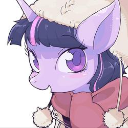 Size: 744x744 | Tagged: safe, artist:moyamoya kuroi, twilight sparkle, pony, g4, clothes, female, hat, looking at you, profile, scarf, solo