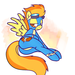 Size: 900x900 | Tagged: safe, artist:rustydooks, artist:zajice, spitfire, pegasus, pony, g4, bedroom eyes, butt, clothes, female, goggles, looking at you, on side, plot, solo, spread wings, uniform, wings, wonderbolts uniform