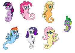Size: 1280x911 | Tagged: safe, artist:aleximusprime, applejack, fluttershy, pinkie pie, rainbow dash, rarity, spike, twilight sparkle, sea dragon, sea pony, seahorse, g4, hilarious in hindsight, looking at you, mane seven, mane six, my little x, seaponified, seapony applejack, seapony fluttershy, seapony pinkie pie, seapony rainbow dash, seapony rarity, seapony twilight, simple background, species swap, spike the seadragon, transparent background, vector