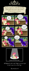 Size: 2052x4890 | Tagged: safe, artist:perfectblue97, apple bloom, twilight sparkle, earth pony, pony, comic:without magic, g4, apple, apple tree, blank flank, cloak, clothes, comic, earth pony twilight, food, forever alone, heartwarming in hindsight, hilarious in hindsight, sweet apple acres, tree