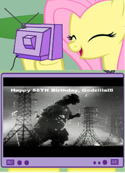 Size: 437x604 | Tagged: safe, fluttershy, kaiju, pony, g4, exploitable meme, godzilla, godzilla (series), happy birthday godzilla, meme, tv meme