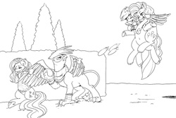 Size: 1280x853 | Tagged: safe, artist:kevinsano, fluttershy, gilda, pinkie pie, rainbow dash, earth pony, griffon, pegasus, pony, g4, black and white, bottomless, clothes, grayscale, lineart, monochrome, partial nudity, scarf, snow, snowball, snowball fight, sweater, sweatershy