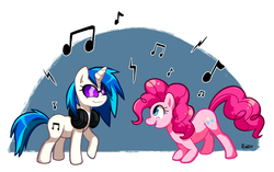 Size: 950x595 | Tagged: safe, artist:rinzu, dj pon-3, pinkie pie, vinyl scratch, g4