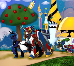 Size: 900x810 | Tagged: safe, artist:rafeal, princess luna, oc, g4, canterlot, commission, crossover, disgaea, prinny, transformers