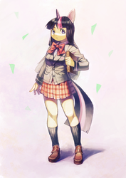 Size: 900x1273 | Tagged: safe, artist:aruurara, twilight sparkle, human, g4, book, clothes, eared humanization, female, horn, horned humanization, humanized, schoolgirl, solo, tailed humanization