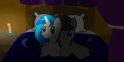 Size: 5000x2500 | Tagged: safe, artist:nostalgiagamerjs, dj pon-3, octavia melody, vinyl scratch, g4, bed, female, lesbian, ship:scratchtavia, shipping