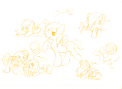 Size: 3501x2550 | Tagged: safe, artist:polkadot-creeper, derpy hooves, dinky hooves, fluttershy, oc, oc:futashy, oc:sunkist, butterfly, pegasus, pony, unicorn, futaverse, g4, female, filly, flower, foal, food, futa, futa fluttershy, high res, horn, intersex, mare, monochrome, muffin, nudity, offspring, parent:derpy hooves, parent:fluttershy, parents:derpyshy, sheath, simple background, tongue out, white background