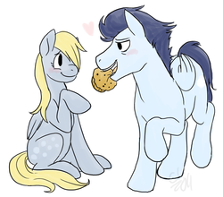 Size: 1091x962 | Tagged: safe, artist:cartoonlion, derpy hooves, soarin', pegasus, pony, g4, derpin', female, male, mare, muffin, shipping, straight