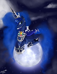 Size: 2550x3302 | Tagged: safe, artist:siberwar, princess luna, pony, g4, female, horn, horn jewelry, jewelry, moon, prone, solo, tangible heavenly object