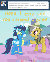 Size: 661x820 | Tagged: dead source, safe, artist:drumblastingquilava, daring do, soarin', g4, ask, askdashanddo, hoofbump, tumblr