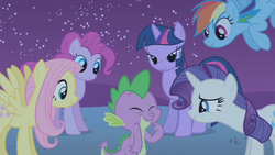 Size: 853x480 | Tagged: safe, screencap, fluttershy, pinkie pie, rainbow dash, rarity, spike, twilight sparkle, g4, owl's well that ends well, lidded eyes, night