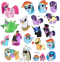 Size: 2734x2788 | Tagged: safe, artist:mixermike622, applejack, berry punch, berryshine, cup cake, discord, dj pon-3, gilda, gummy, nightmare moon, pinkie pie, princess celestia, rainbow dash, twilight sparkle, vinyl scratch, griffon, g4, accessory swap, pinkamena diane pie, simple background, taco, taco twilight, transparent background, twilight taco