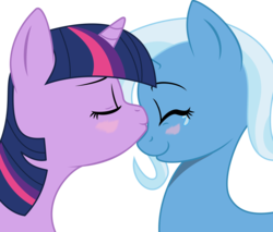 Size: 7062x6017 | Tagged: safe, artist:baka-neku, trixie, twilight sparkle, pony, unicorn, g4, absurd resolution, blushing, crying, duo, female, kissing, lesbian, mare, ship:twixie, shipping, simple background, smiling, transparent background, unicorn twilight, vector