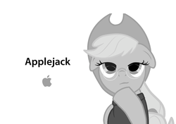 Size: 1000x702 | Tagged: artist needed, safe, edit, applejack, earth pony, pony, g4, ad parody, apple (company), clothes, female, floppy ears, glasses, hat, hoof on chin, logo, mare, simple background, solo, steve jobs, sweater, turtleneck, white background