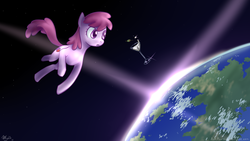 Size: 1920x1080 | Tagged: safe, artist:7nights, berry punch, berryshine, earth pony, pony, g4, earth, female, glass, planet, solo, space, wine glass