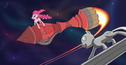 Size: 1023x531 | Tagged: safe, artist:zookz25, pinkie pie, g4, flying, marvel, ponified, riding, rocket, silver surfer, space