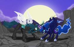 Size: 4000x2545 | Tagged: safe, artist:himanuts, princess luna, queen chrysalis, changeling, changeling queen, g4, female, fight, nightmare luna
