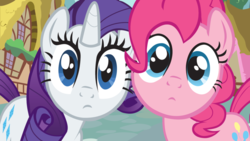 Size: 900x506 | Tagged: safe, artist:shelltoon, screencap, pinkie pie, rarity, earth pony, pony, unicorn, g4, duo, fourth wall, fourth wall ponies, looking at you, stare