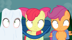 Size: 1280x720 | Tagged: dead source, safe, apple bloom, scootaloo, sweetie belle, ask the crusaders, g4, adorabloom, bedsheet ghost, clothes, costume, cute, cutealoo, cutie mark crusaders, diasweetes, ghost costume, halloween, halloween costume