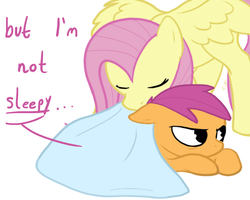 Size: 1000x800 | Tagged: source needed, safe, artist:tigs, fluttershy, scootaloo, pegasus, pony, g4, blanket, cute, cutealoo, dialogue, duo, eyes closed, female, filly, floppy ears, fluttermom, foal, lying down, mare, mouth hold, prone, scootalove, simple background, spread wings, talking, tucking in, white background, wings
