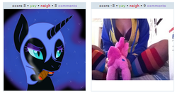 Size: 484x258 | Tagged: safe, nightmare moon, pinkie pie, human, g4, exploitable meme, juxtaposition, juxtaposition win, pinkie chan