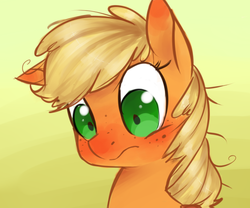 Size: 600x500 | Tagged: safe, artist:xarakayx, applejack, pony, g4, blushing, cute, female, freckles, frown, looking down, messy mane, shy, solo, wide eyes