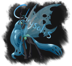Size: 1200x1100 | Tagged: safe, artist:theperfecta, queen chrysalis, changeling, changeling queen, g4, abstract background, crown, female, impossibly large wings, jewelry, large wings, regalia, smiling, solo, spread wings, text, wings